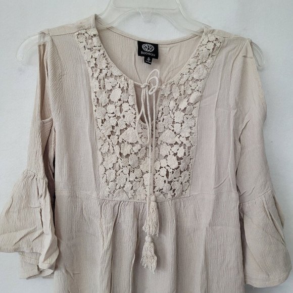 Bobeau Top Woens S Boho Lace 3/4 Bell Sleeve Peasant Blouse Beige Rayon Gauze - Picture 3 of 10